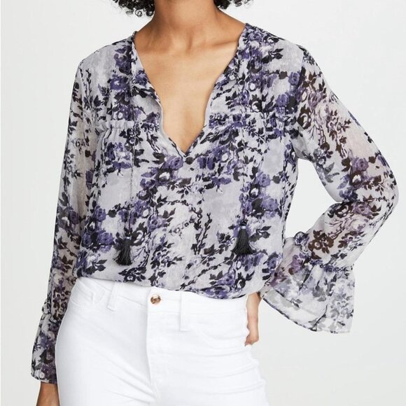 Misa Los Angeles Floral Print Sheer Long Sleeve Blouse With Tassels  Womens S - Picture 1 of 11